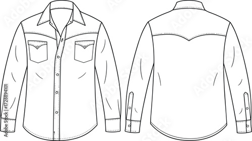 Technical fashion sketch of long-sleeve button-up shirt with western yoke, flap pockets, and seam detailing for apparel and educational use