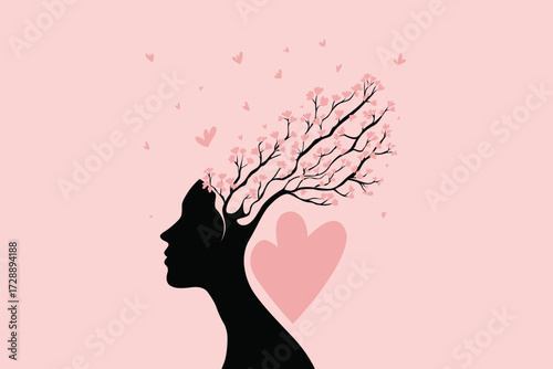 Woman Silhouette with Blossoming Tree and Hearts – Mind, Brain and Performance Concept Illustration