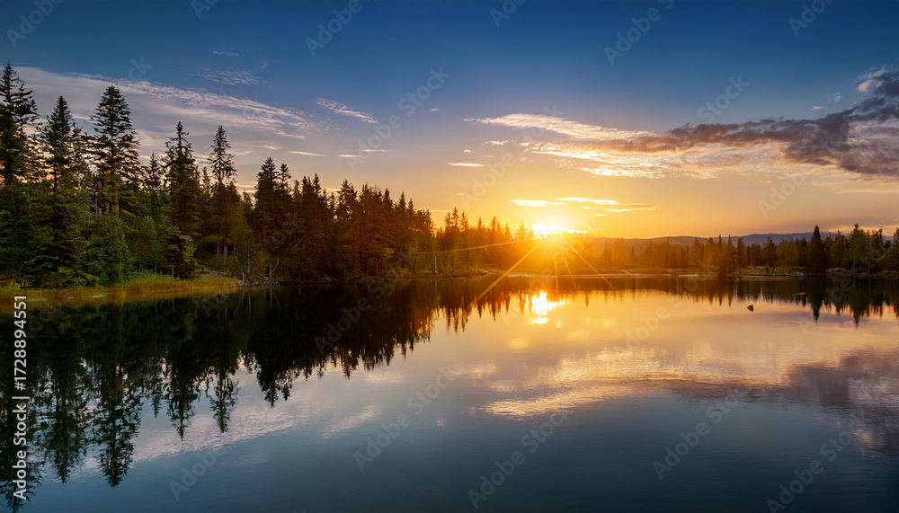 Fototapeta premium Sunset Over The Serene Lake Surrounded By Trees Reflecting In The Calm Water