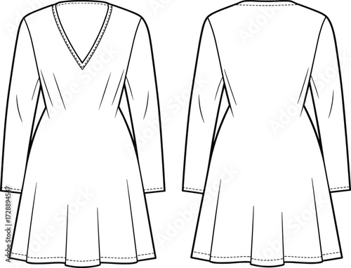 Technical fashion sketch of long-sleeve V-neck dress with fitted bodice, flared skirt, and rounded back neckline for design use