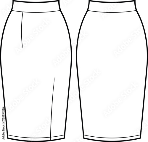 Technical fashion sketch of pencil skirt pattern with dart shaping, seam detailing, and clean silhouette views for garment construction use