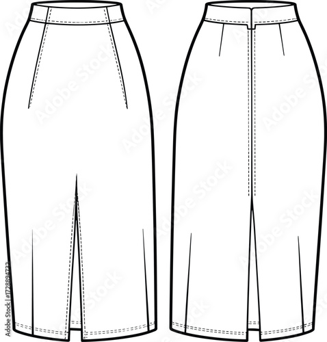 Technical fashion sketch of pencil skirt with darts, slits, and zipper closure for apparel construction and educational design use