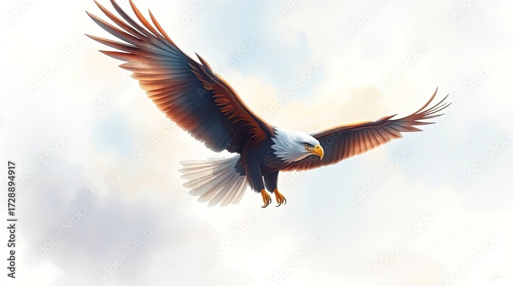 Fototapeta premium A dreamlike, surreal watercolor painting of an eagle in majestic flight, using soft pastel colors and gentle, soft light.