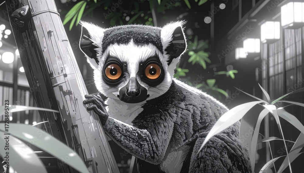 Fototapeta premium A ring-tailed lemur clings to a stylized bamboo branch within a monochrome scenery.