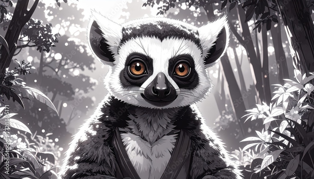 Fototapeta premium A ring-tailed lemur stares ahead in a black and white forest scene, creating a