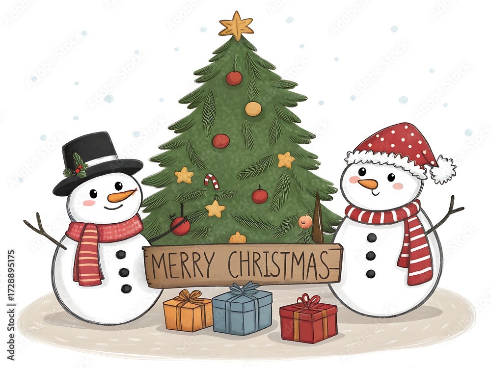 Fototapeta premium Two cheerful snowmen stand beside a decorated christmas tree with gifts below