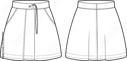 Technical fashion sketch of shorts showing front and back construction details for apparel manufacturing and educational illustration design use