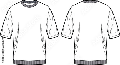 Technical fashion sketch of short-sleeve crew neck sweatshirt with ribbed trim and contour detailing for casualwear and educational design use
