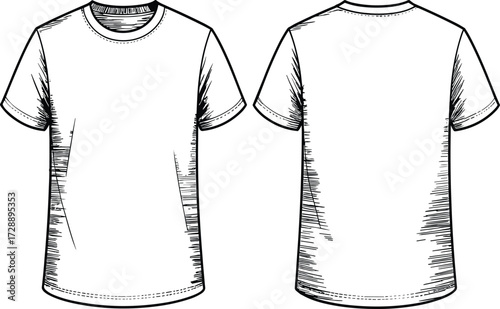Technical fashion sketch of short-sleeve round-neck T-shirt with realistic shading and front-back views for apparel design and construction use