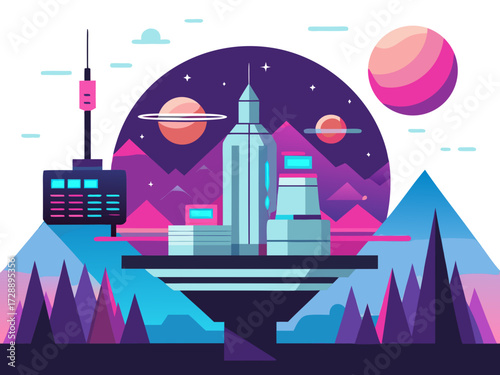 Vector art of futuristic city on alien planet