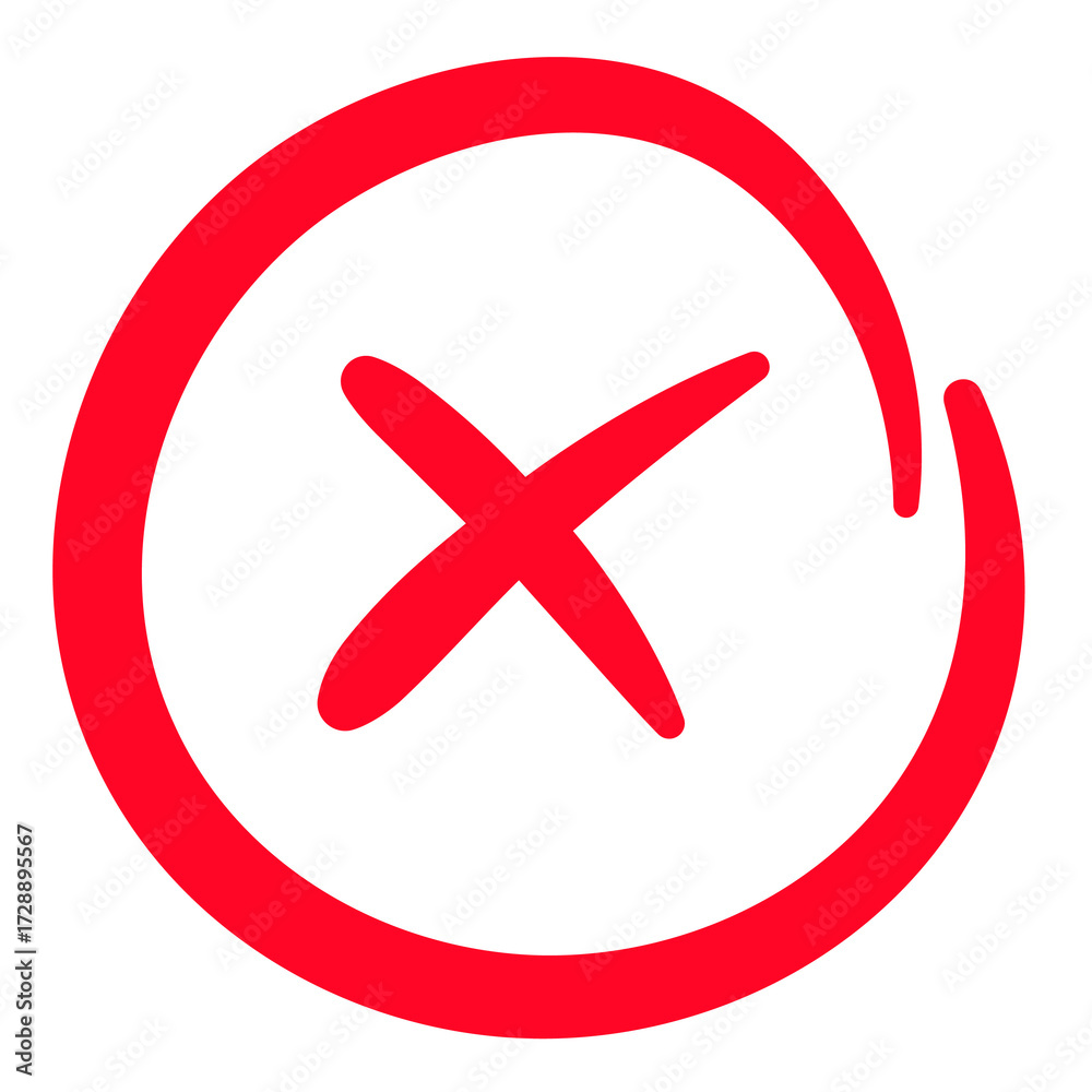 Obraz premium Red hand drawn circle with X mark, doodle sketch style cancel or error warning symbol for alerts, app UI and digital projects, PNG with transparent background
