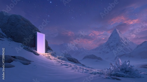 Purple Portal In Snowy Mountains At Twilight