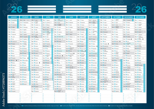 CALENDRIER 2026 vectorisé français bleu