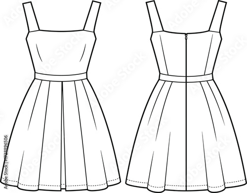 Technical fashion sketch of sleeveless dress with square neckline, wide straps, pleated flared skirt, and zipper back for design use