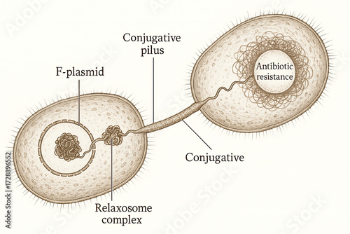 Diagram illustrating bacterial conjugation and plasmid transfer, showing F-plasmid, relaxosome complex, conjugative pilus, and antibiotic resistance.