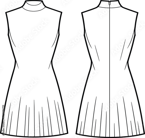 Technical fashion sketch of sleeveless pleated dress with high neckline and zipper closure for apparel construction and educational design use