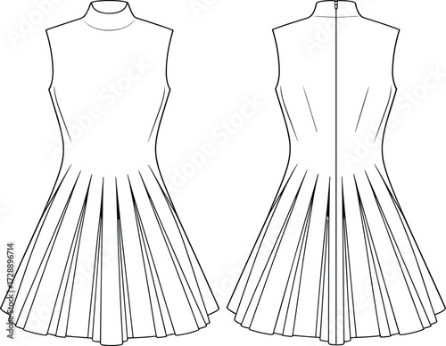 Technical fashion sketch of sleeveless pleated dress with high neckline and center back zipper for apparel and educational design use