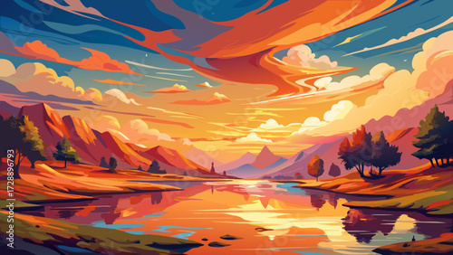 very beautiful Abstract impressionist landscape painting with vibrant orange hues and reflective water