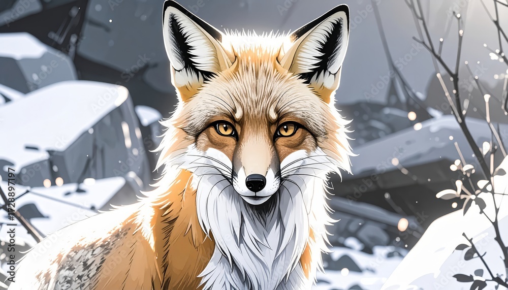 Fototapeta premium Close-up portrait of a fox with golden eyes in a snowy winter scene illustration.