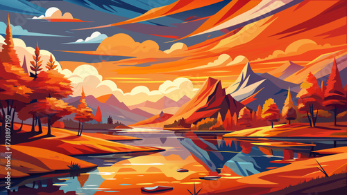 An abstract impressionist landscape painting with vibrant orange hues and reflective water, blending soft textures, artistic brush strokes, glowing sky, and serene reflections, creating an expressive 