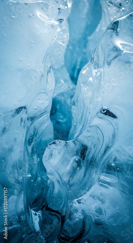 Abstract vertical ice texture with shimmering blue hues frozen in time