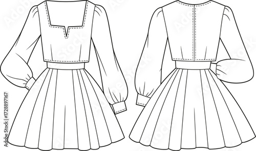 Technical fashion sketch of square neckline dress with voluminous sleeves and pleated skirt for costume construction and educational design use