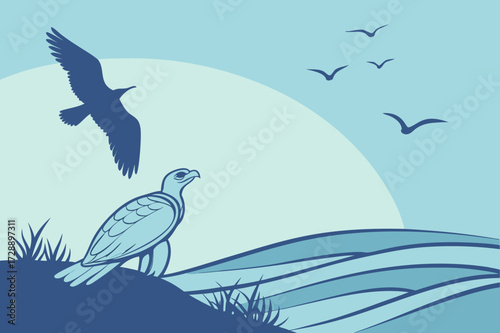 Tonal Eagle Landscape Vector: Perched Raptor by Water with Flying Birds
