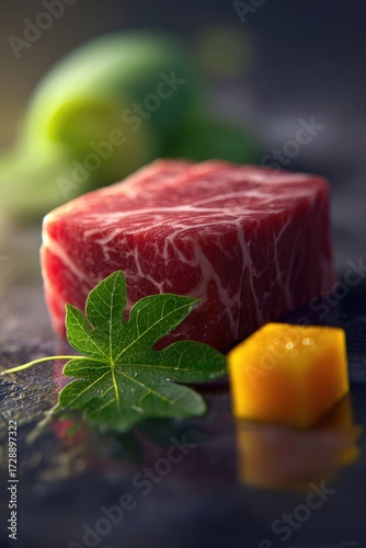 Close Up View Of Cubed Raw Steak With Mango Cubes And Green Leaf