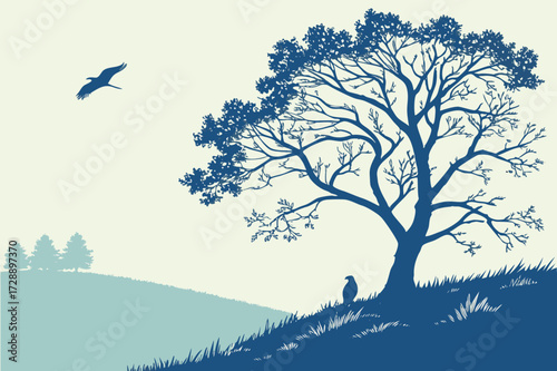 Standing Hawk or Falcon Vector Illustration - Sepia Tone Wildlife Landscape Graphic

