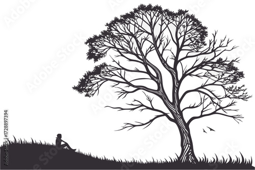 Cartoon Bald Eagle Perched on Branch Vector - Simple Black and White Mascot Clipart