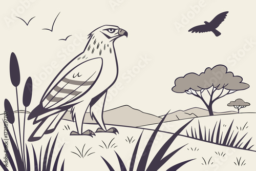 Green Hilly Landscape Vector Illustration - Scenic Nature Field with Tree and Birds