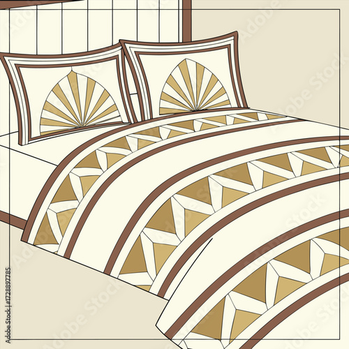 Patterned bed with pillows showcases beige and brown tones in art deco style