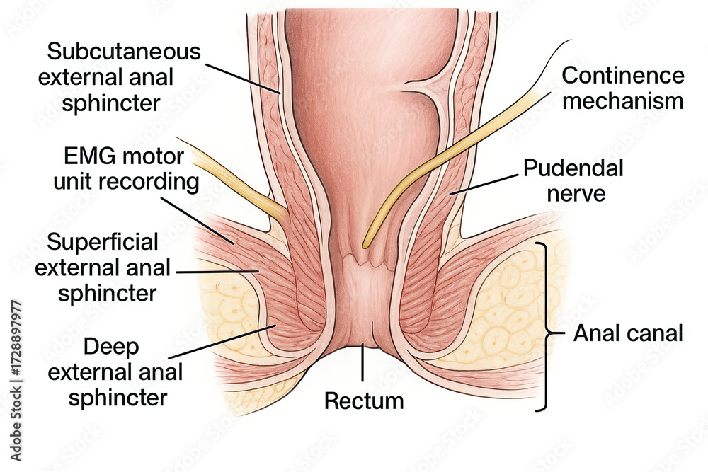 Obraz premium Anatomical illustration of the rectum and anal canal, detailing the external anal sphincters, pudendal nerve, and continence mechanism.