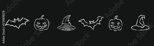 Hand drawn halloween sketch of pumpkin, bat and witches hat line brush vector silhouette illustration