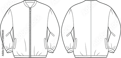 Technical fashion sketch of zip-front jacket with ribbed cuffs, hem, and side pockets for outerwear construction and educational design use