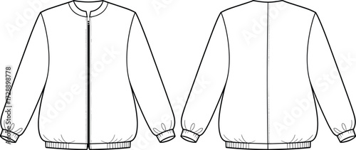 Technical fashion sketch of zip-front jacket with round neckline, elastic cuffs, and hem for outerwear construction and educational design use