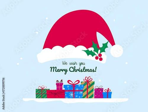 Wallpaper Mural Festive santa hat with holly and stack of colorful christmas presents on a light blue background Torontodigital.ca