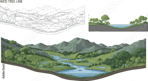  Isolated a Architectural Drawings, cad tree line drawing, Side view, set of section wetland forest, nature mountain vector art color with white background.