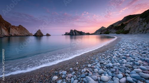 Dramatic Sunset Seascape with Rocky Coastline and Vibrant Sky Over Pebble Beach in Coastal Scenery at Dusk