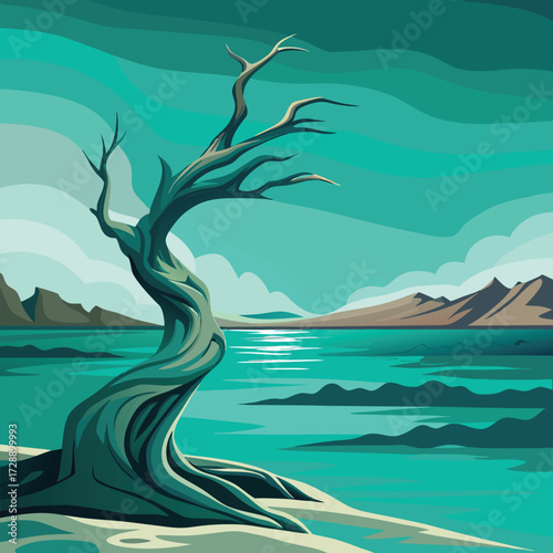 Stylized dead tree on a beach with turquoise water and mountains
