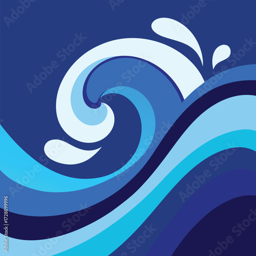 Stylized blue wave with water splashes ocean