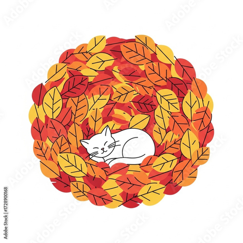 Sleeping Cat in Autumn Leaf Wreath Illustration
