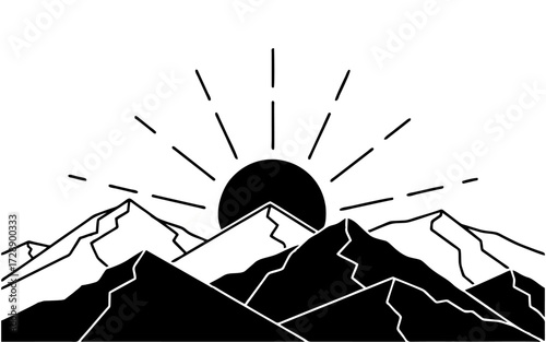 Mountain Sunrise Silhouette A minimalist graphic of a rising sun over mountain peaks, ideal for design
