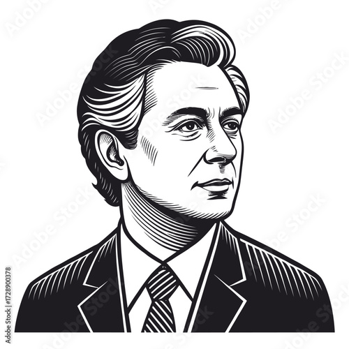 Engraved-style portrait of man in suit and tie with classic formal expression