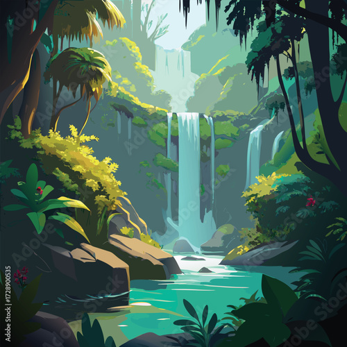 Tropical rainforest waterfall with dense vegetation and flowing water