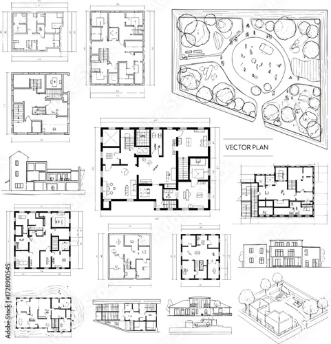 Isolated a kinds of Architectural Drawings, people plan park out door top view, Minimal style hand drawn, set elements for architecture and landscape design. Sections, Elevations, vector art.