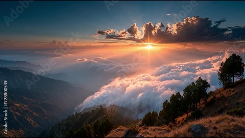 sunset over mountain peaks dramatic sky