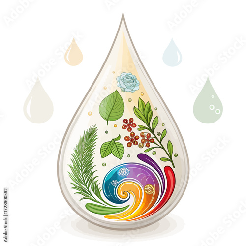 Colorful water droplet illustration with botanical elements and swirling energy patterns