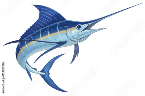 Stylized marlin illustration with blue body, yellow stripe, and dynamic swimming pose
