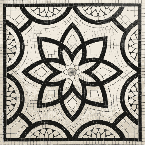 Stylized floral tile illustration with radial petals and geometric mosaic border isolated on white background